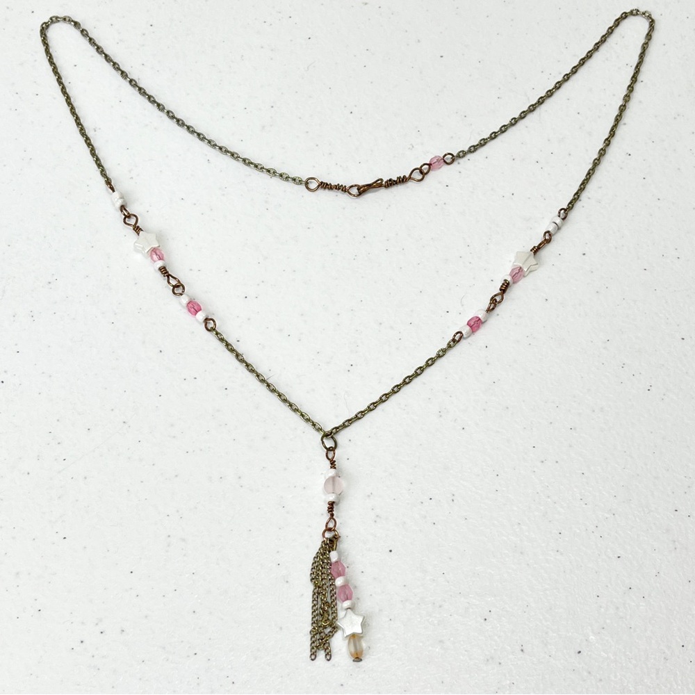 Handmade Pink & Gold Tone Star Beaded Necklace Hook Closure Vintage Inspired